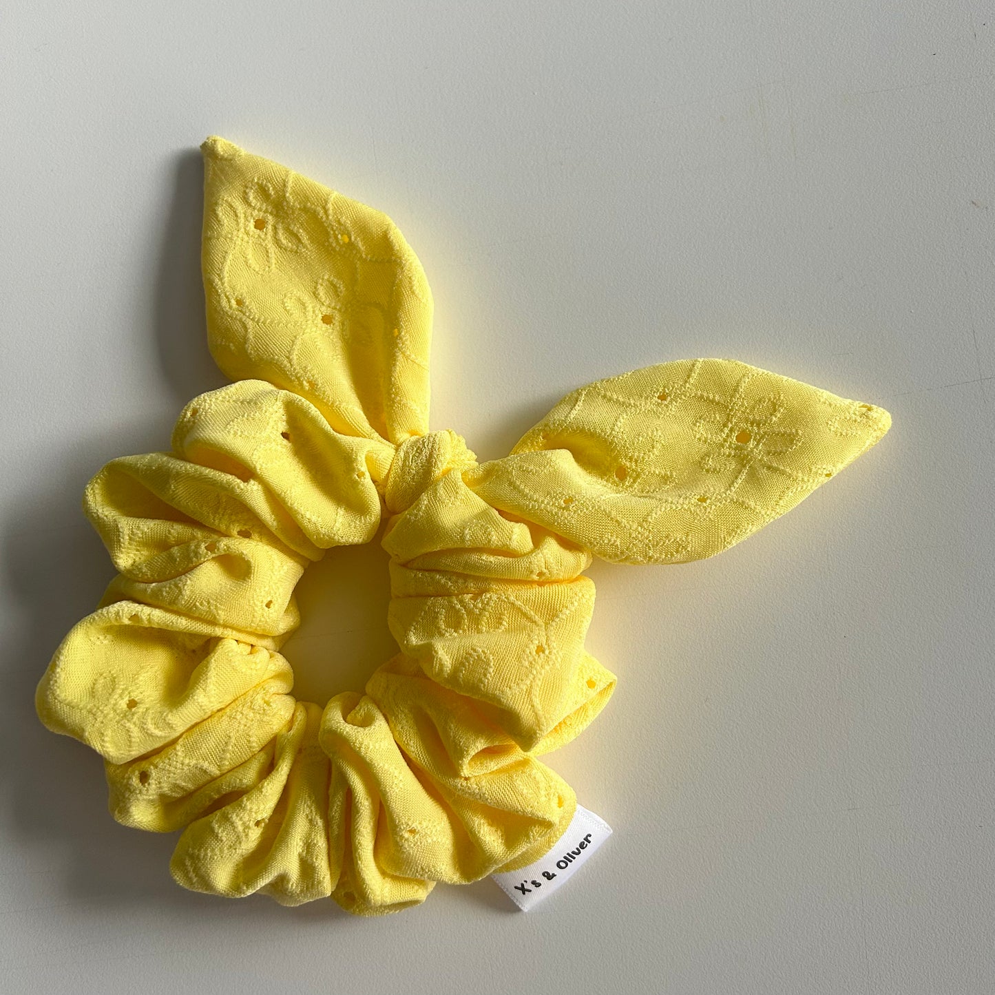 Yellow Eyelet - lil bow scrunchie