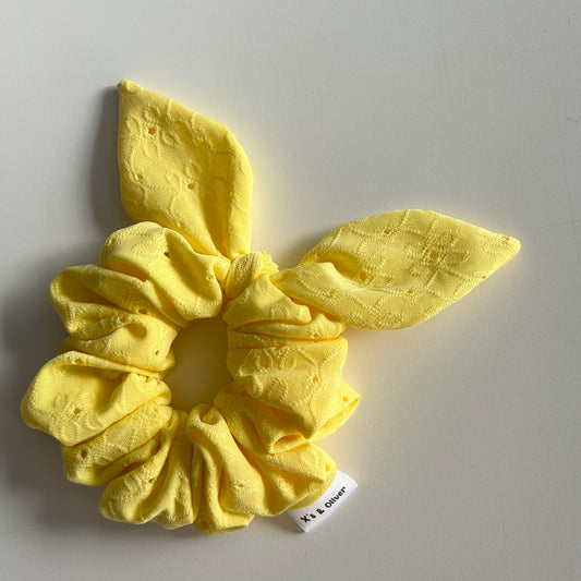 Yellow Eyelet - lil bow scrunchie